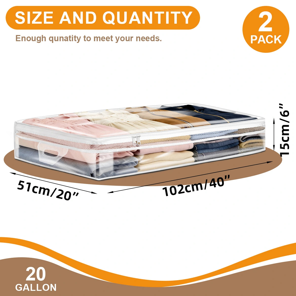 AGALI 20-Gallon Clothing Storage Bag Underbed Size, Heavy-Duty Zipper & Clear Panel, Space-Saver for Comforters, Blankets, and Seasonal Clothes (2 Packs)