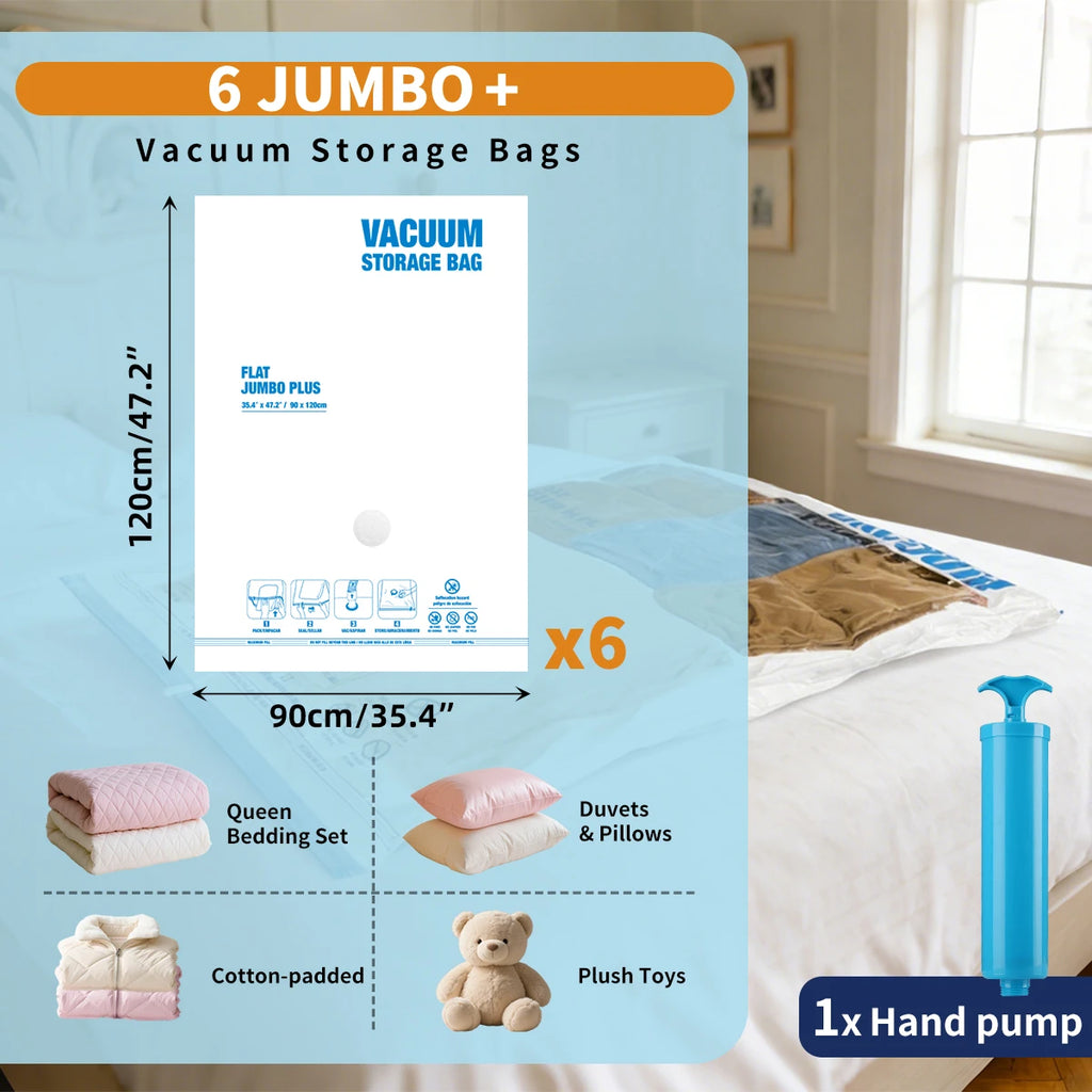 AGALI XXL Jumbo Vacuum Storage Bags, 47"x35" Extra Large Vacuum Bags for Comforters, Blankets & Bedding, Includes a Manual Pump (6 Packs)