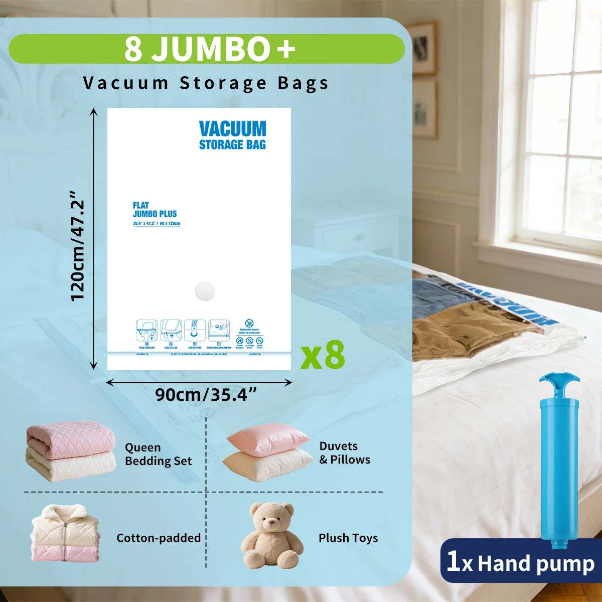 AGALI XXL Jumbo Vacuum Storage Bags, 47"x35" Extra Large Vacuum Bags for Comforters, Blankets & Bedding, Includes a Manual Pump (8-Pack)