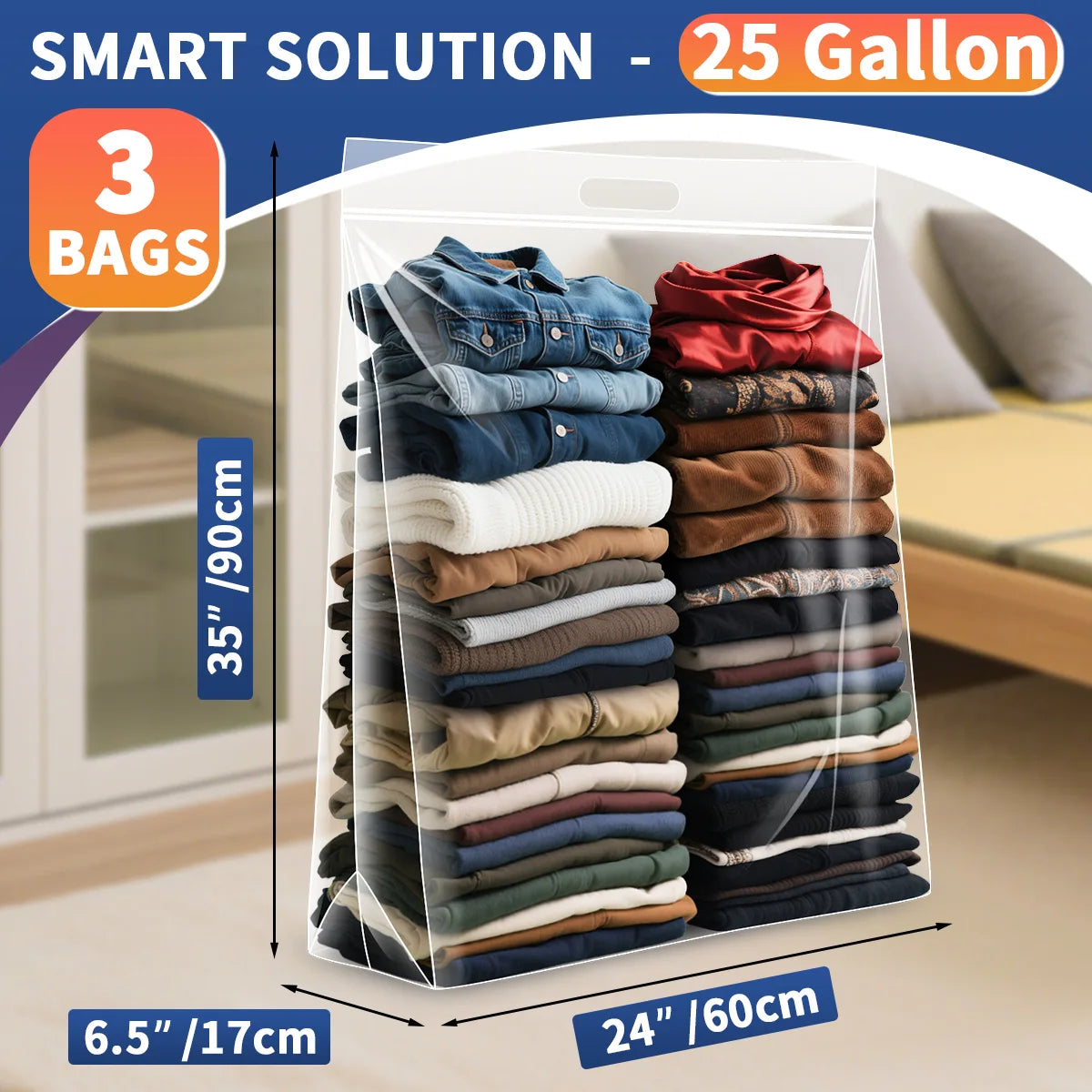 AGALI Large Resealable Plastic Jumbo Storage Bags, 25-Gallon, Pack of 3