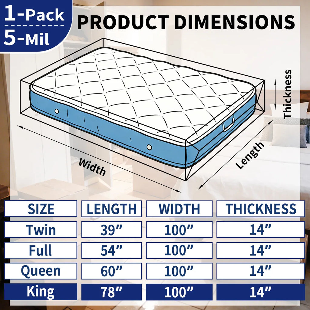 AGALI Heavy Duty Mattress Bag for Moving & Storage, 5 Mil Extra Thick, Fully Sealable Mattress Cover with Overlap Flap, Fits Mattress Up to 14" Thick