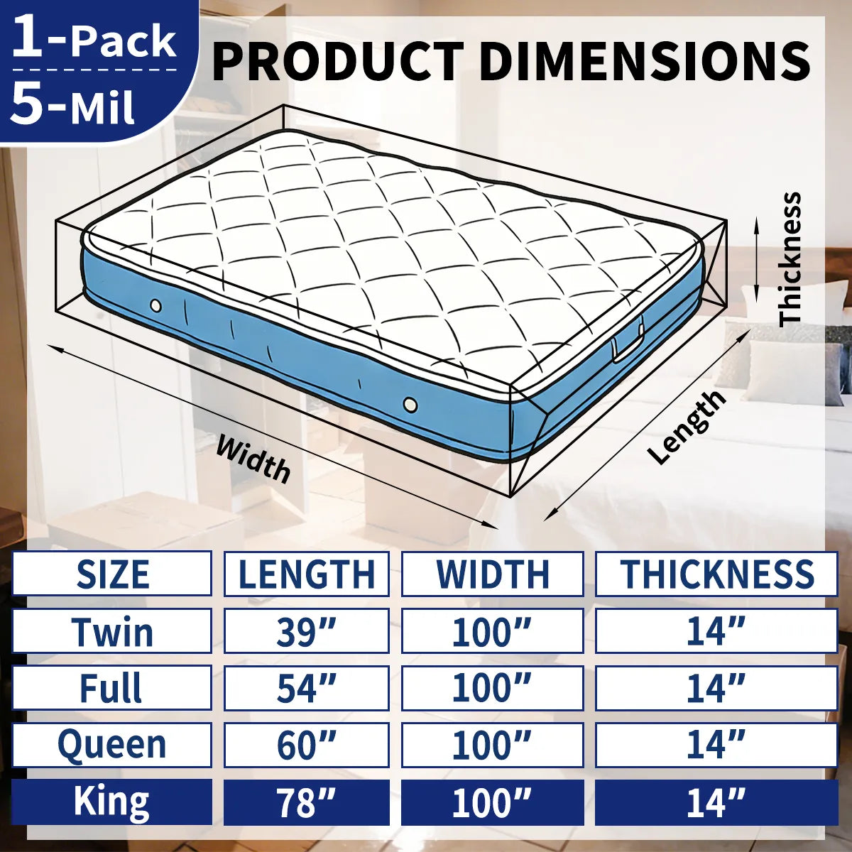 AGALI Heavy Duty Mattress Bag for Moving & Storage, 5 Mil Extra Thick, Fully Sealable Mattress Cover with Overlap Flap, Fits Mattress Up to 14" Thick