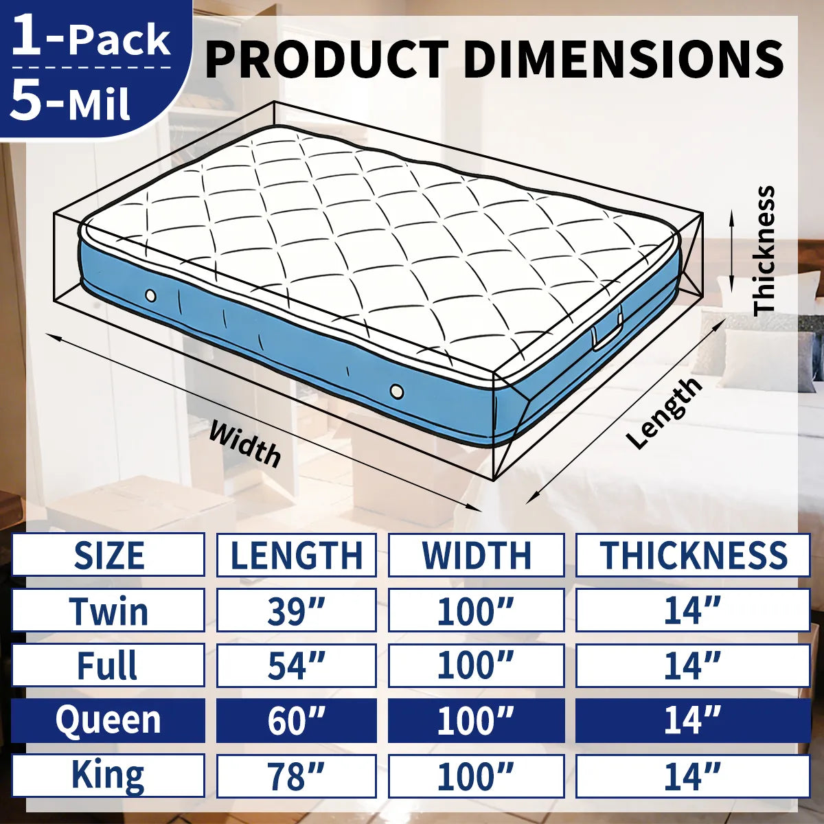 AGALI Heavy Duty Mattress Bag for Moving & Storage, 5 Mil Extra Thick, Fully Sealable Mattress Cover with Overlap Flap, Fits Mattress Up to 14" Thick