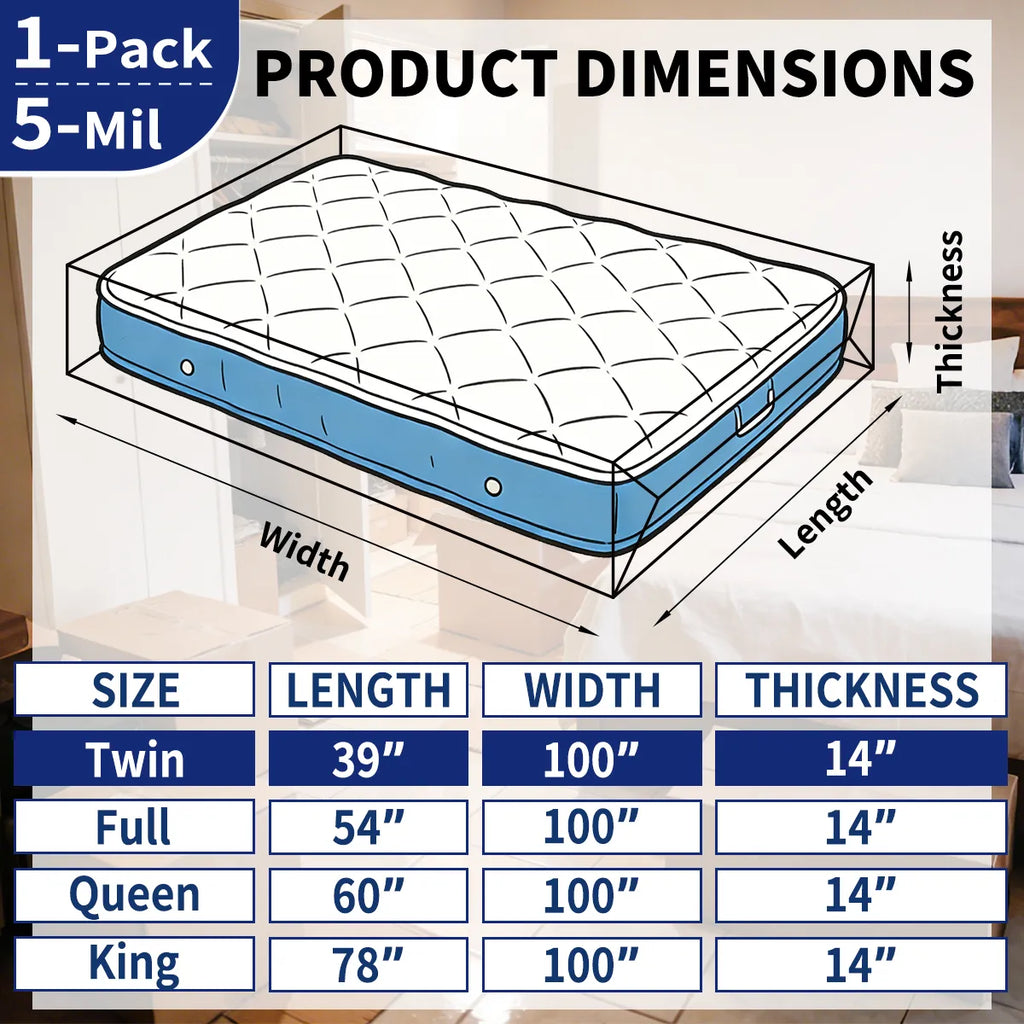 AGALI Heavy Duty Mattress Bag for Moving & Storage, 5 Mil Extra Thick, Fully Sealable Mattress Cover with Overlap Flap, Fits Mattress Up to 14" Thick