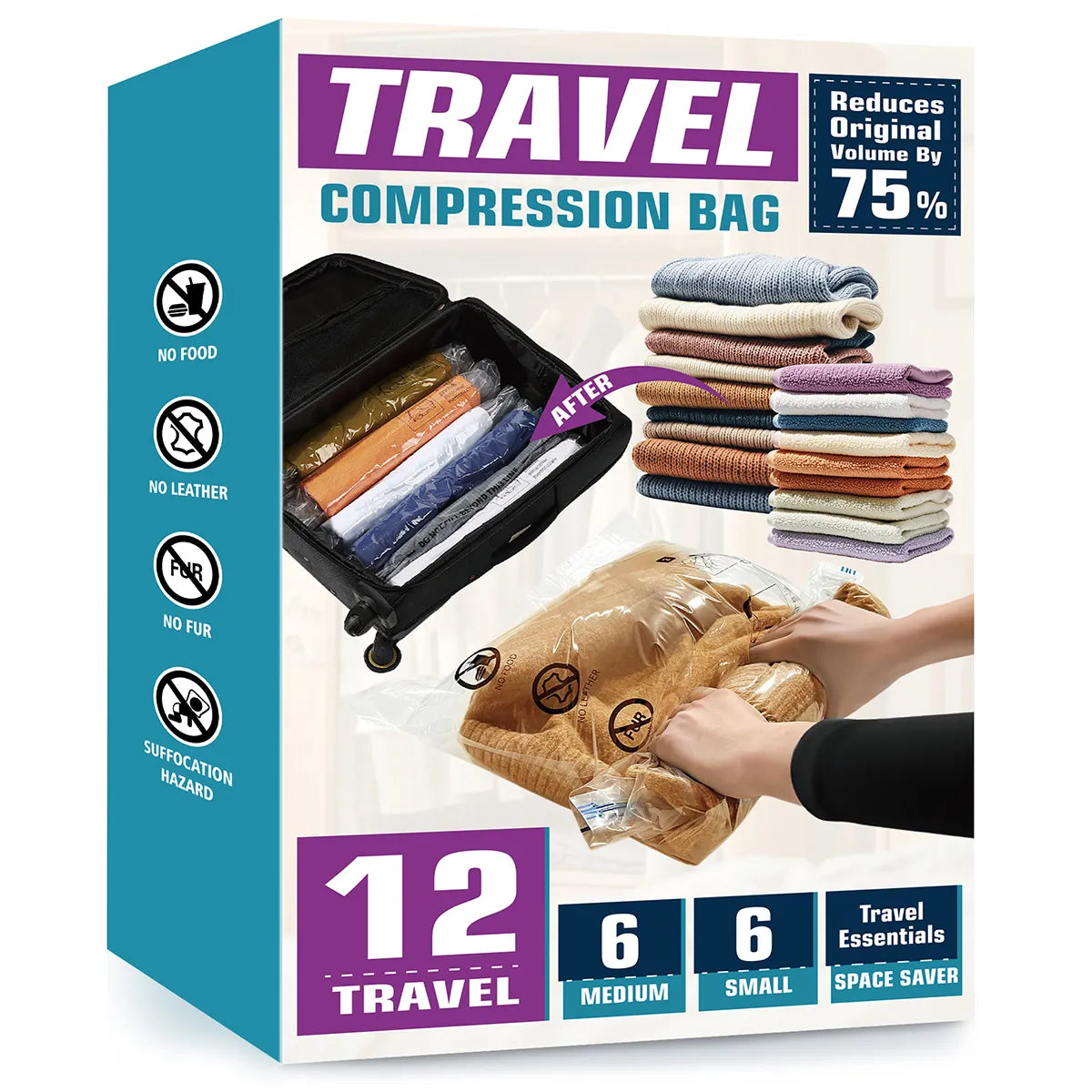 AGALI Compression Vacuum Space Saver Zipper Bags 12 Pack for Food Storage & Organization