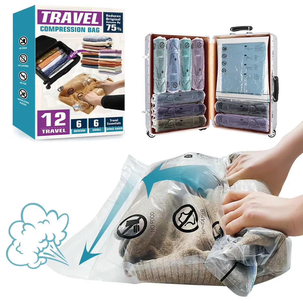 AGALI Compression Vacuum Space Saver Zipper Bags 12 Pack for Food Storage & Organization