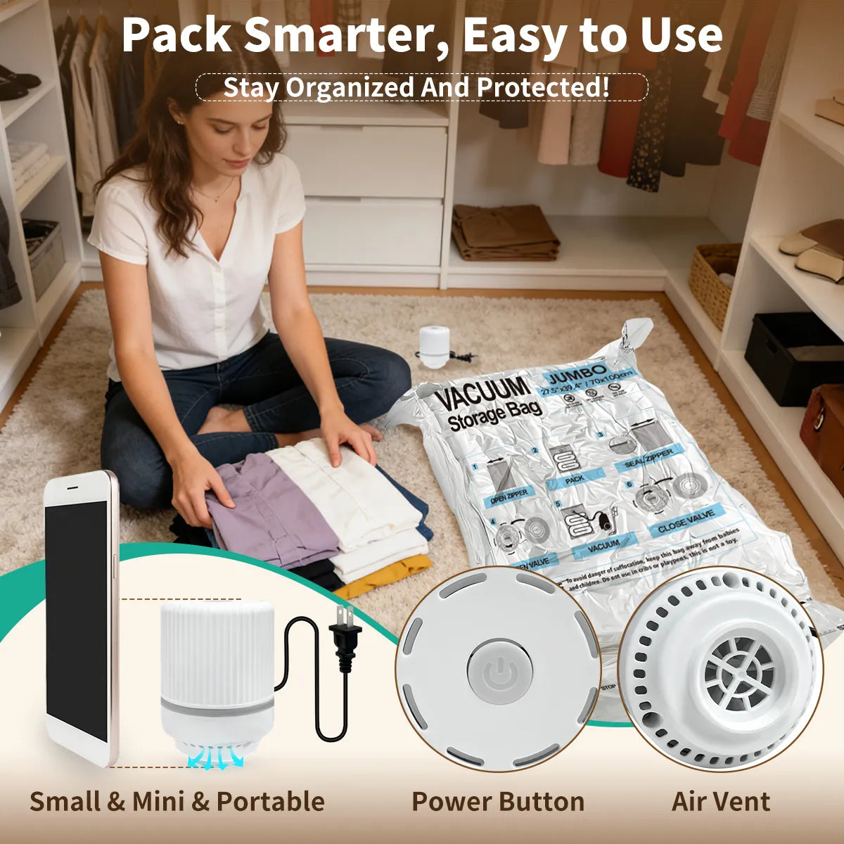 AGALI 10 Pack Jumbo Vacuum Storage Bags with Electric Pump, Space Saver Bag for Clothes, Mattress, Blanket, Duvets, Pillows, Comforters, Travel