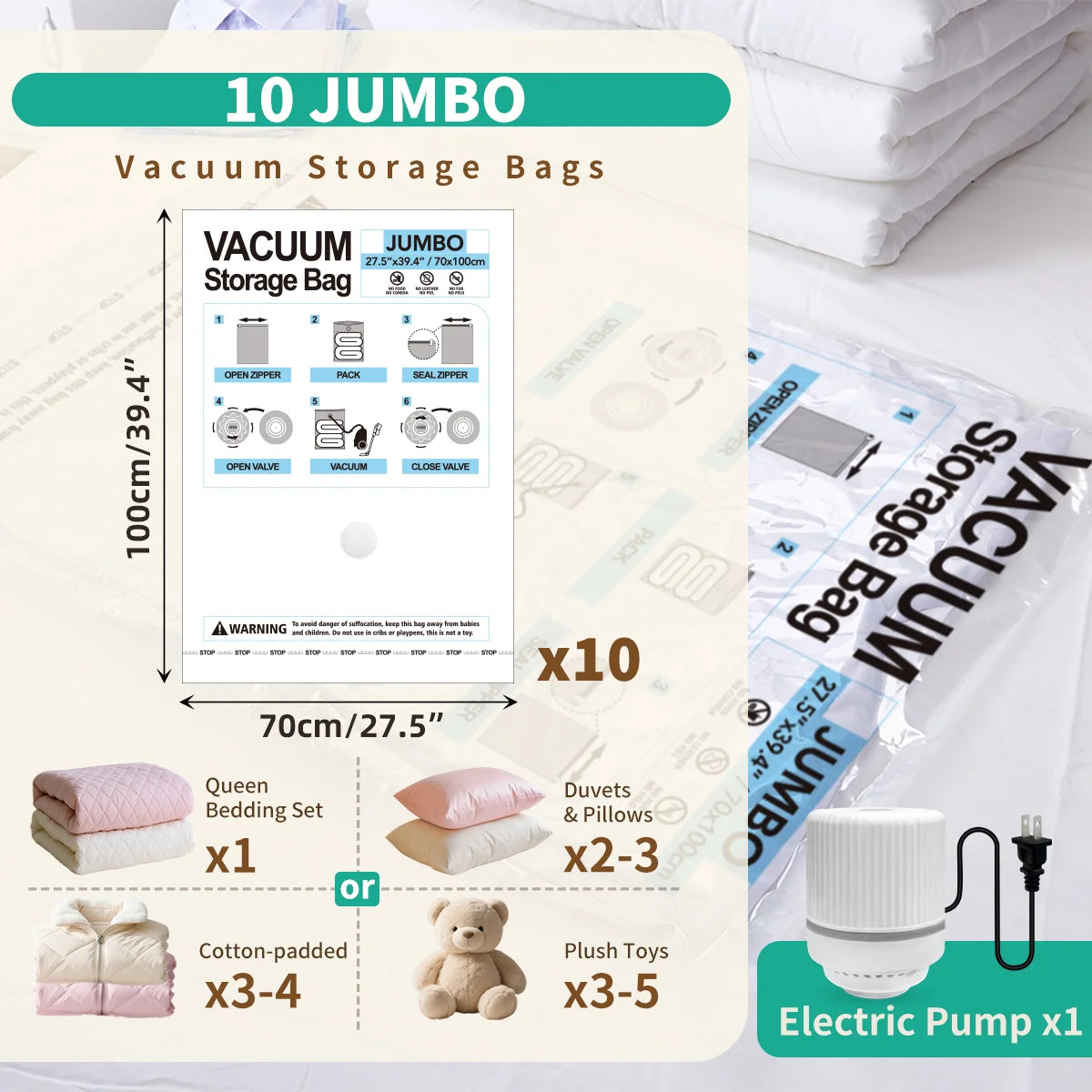 AGALI 10 Pack Jumbo Vacuum Storage Bags with Electric Pump, Space Saver Bag for Clothes, Mattress, Blanket, Duvets, Pillows, Comforters, Travel