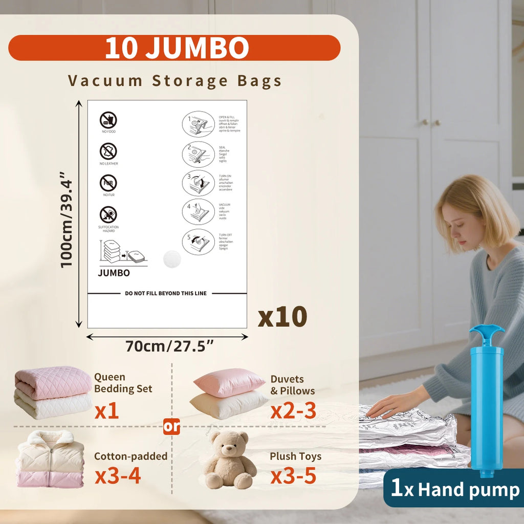 AGALI Large Space Vacuum Storage Bags 10 Jumbo Pack for Clothes Comforters Blankets Bedding