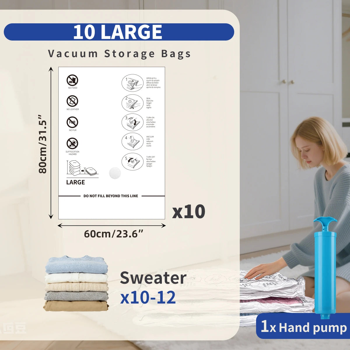 AGALI Vacuum Storage Bags, Airtight Space Saver Bags, 10 Large Pack for Clothes, Comforters, Blankets, Bedding
