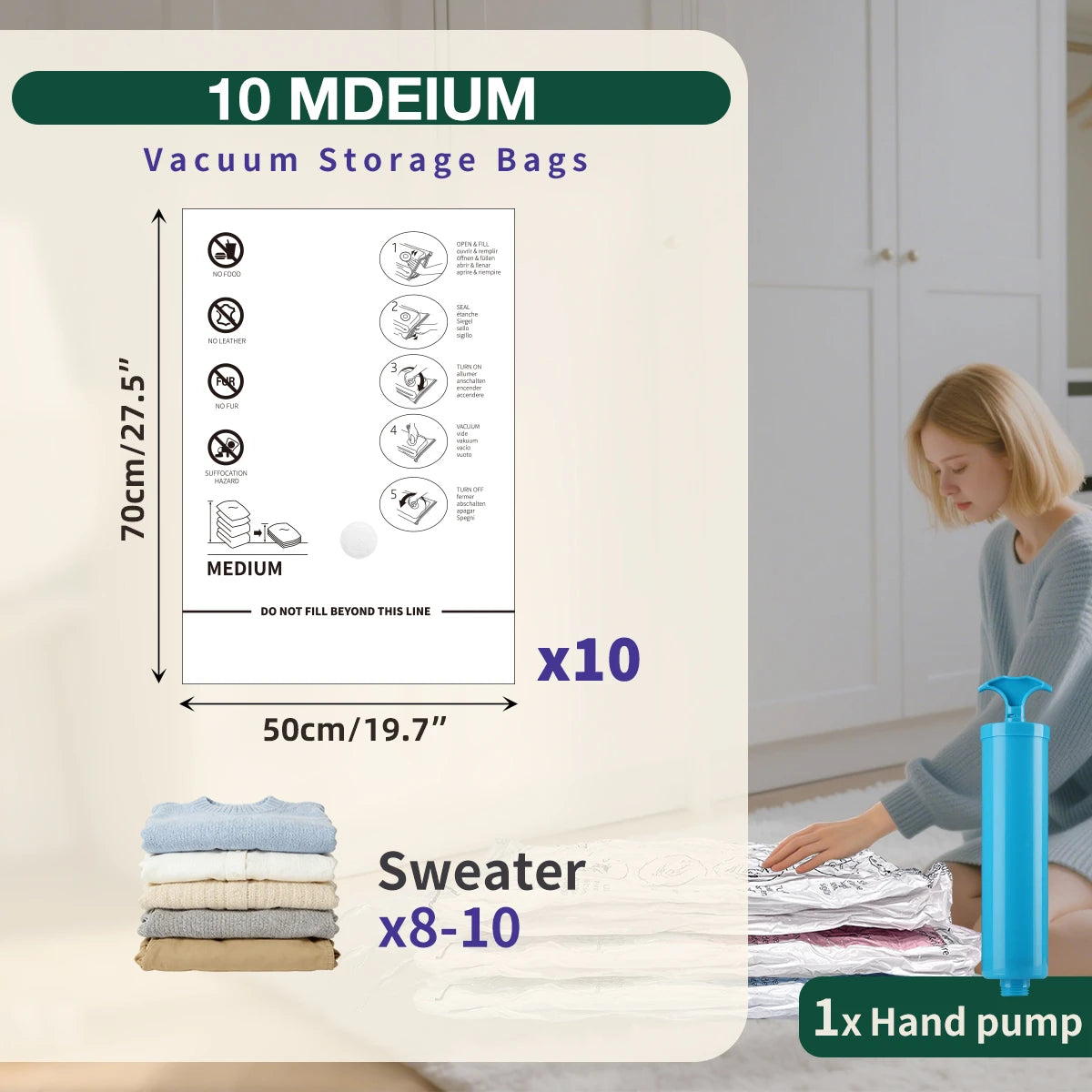 AGALI Vacuum Storage Bags, Airtight Space Saver Bags, 10 Medium Pack for Clothes, Comforters, Blankets, Bedding