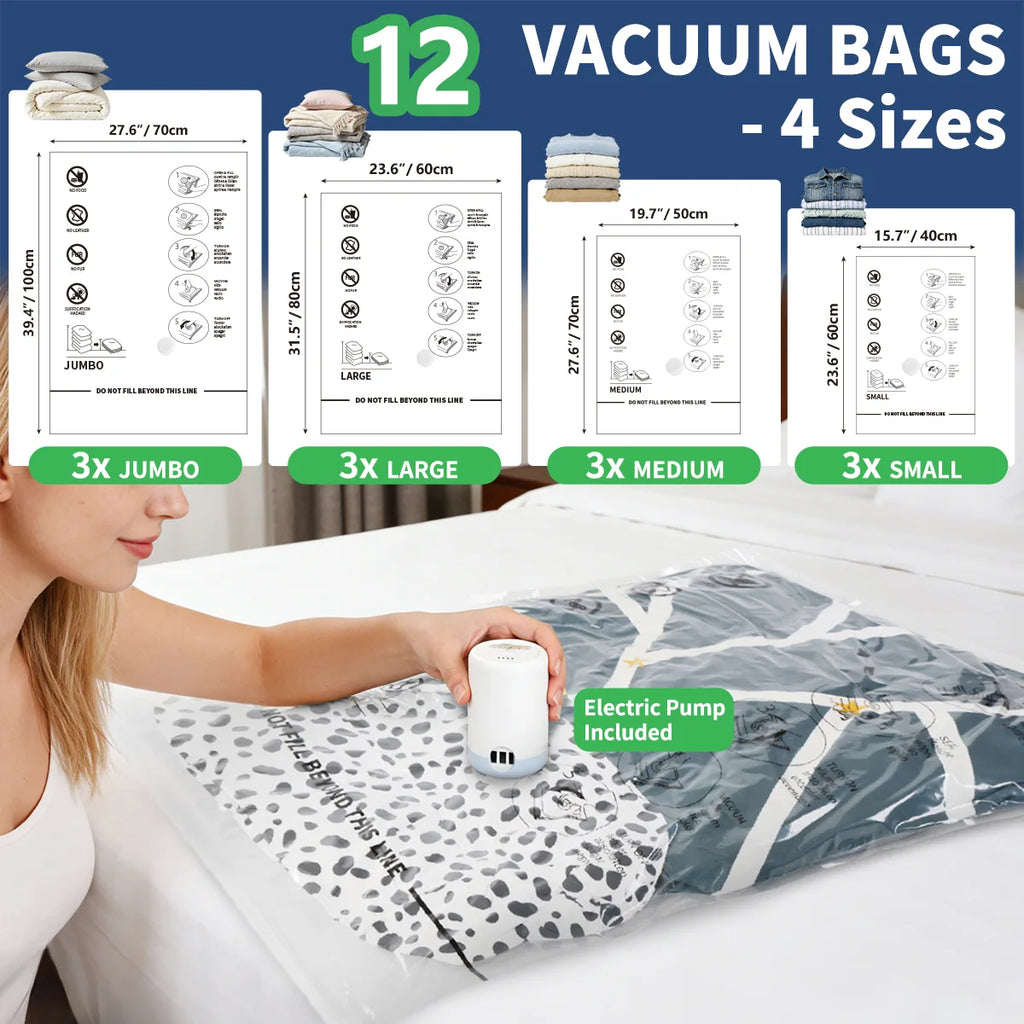 AGALI 12-Pack Vacuum Storage Bags with Electric Pump Included, Space Saver Compression Bags in Mixed Sizes for Clothes, Blankets, Bedding & Travel, Airtight, Waterproof Storage Organizer Set