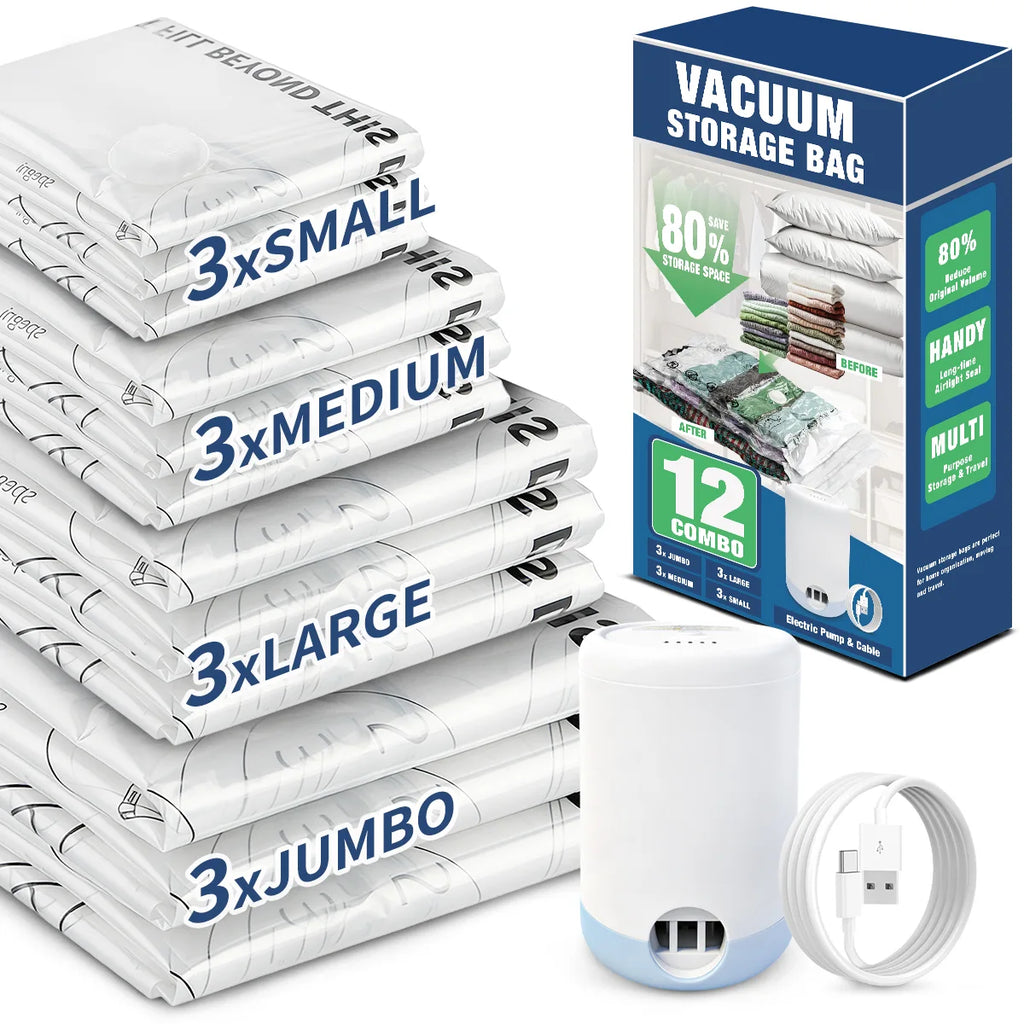 AGALI 12-Pack Vacuum Storage Bags with Electric Pump Included, Space Saver Compression Bags in Mixed Sizes for Clothes, Blankets, Bedding & Travel, Airtight, Waterproof Storage Organizer Set