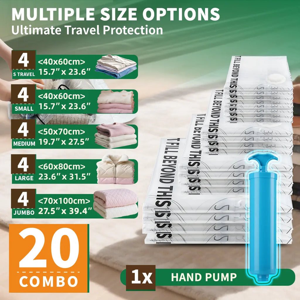 AGALI Transparent Storage Bags 20 Pack with Hand Pump - Space Saving Organizer
