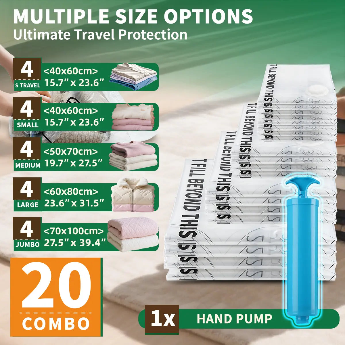 AGALI Transparent Storage Bags 20 Pack with Hand Pump - Space Saving Organizer