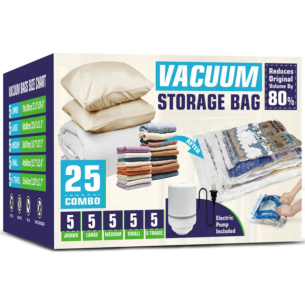 AGALI 25 Pack Vacuum Storage Bags with Electric Pump, Space Saver Bag for Clothes, Mattress, Blanket, Duvets, Pillows, Comforters, Travel
