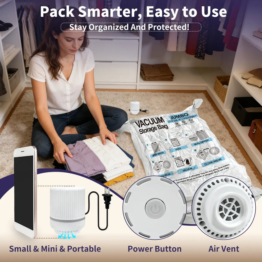 AGALI 25 Pack Vacuum Storage Bags with Electric Pump, Space Saver Bag for Clothes, Mattress, Blanket, Duvets, Pillows, Comforters, Travel