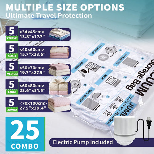 AGALI 25 Pack Vacuum Storage Bags with Electric Pump, Space Saver Bag for Clothes, Mattress, Blanket, Duvets, Pillows, Comforters, Travel