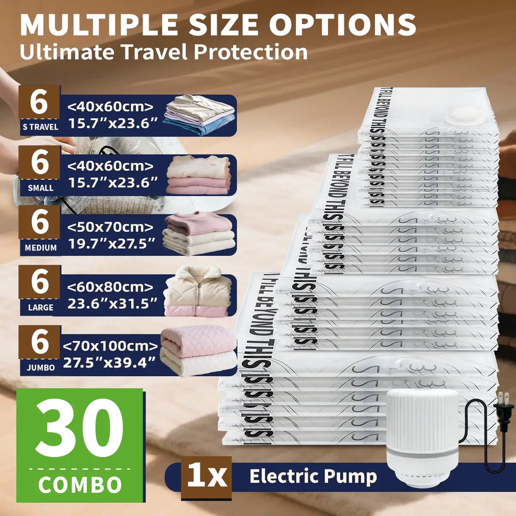 AGALI Vacuum Storage Bags with Electric Pump 30-Pack Space Saver Seal Bags for Clothes Bedding Comforters