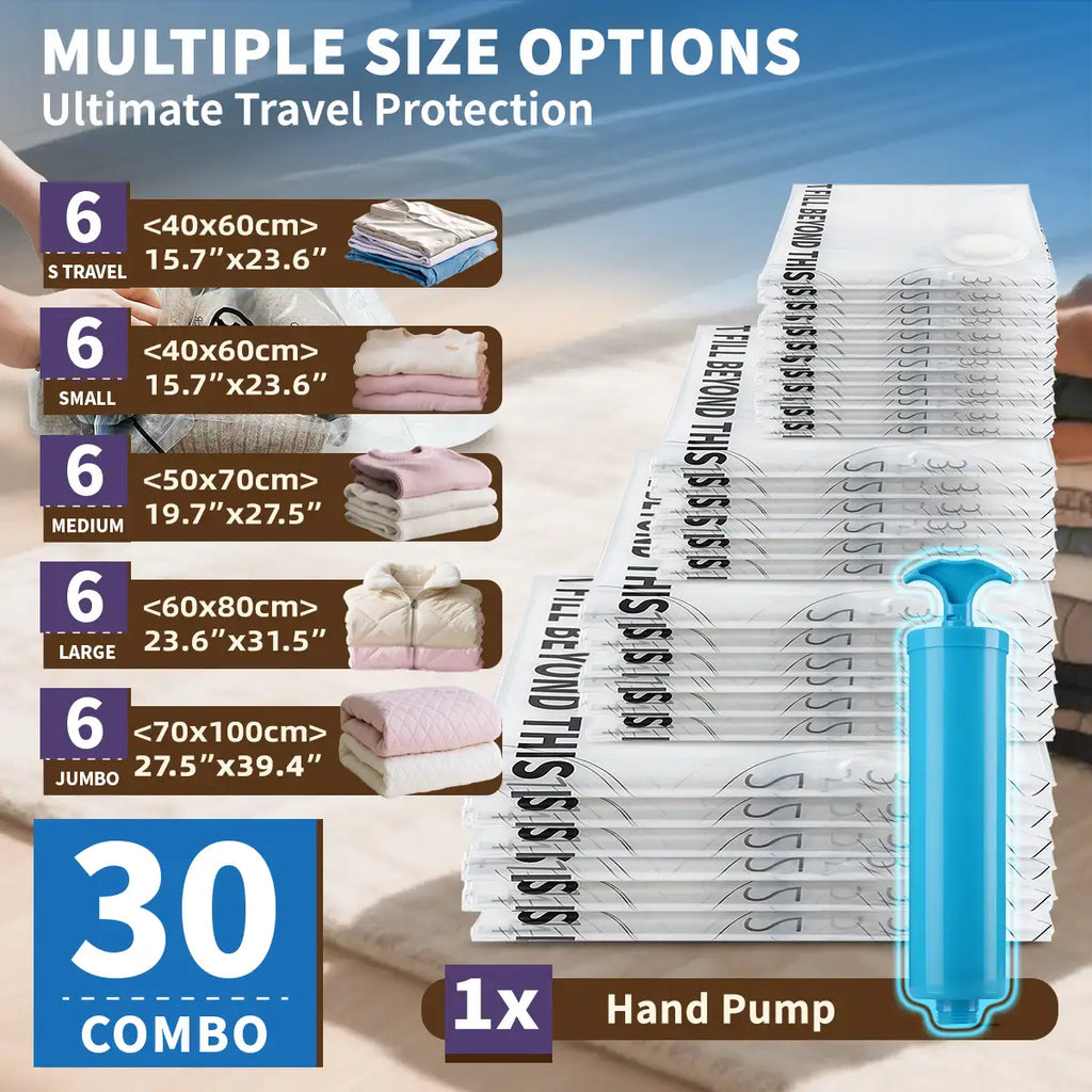 AGALI Vacuum Storage Bags 30 Pack Space Saver for Comforters, Blankets, Clothes, Travel Compression, Airtight, Reusable