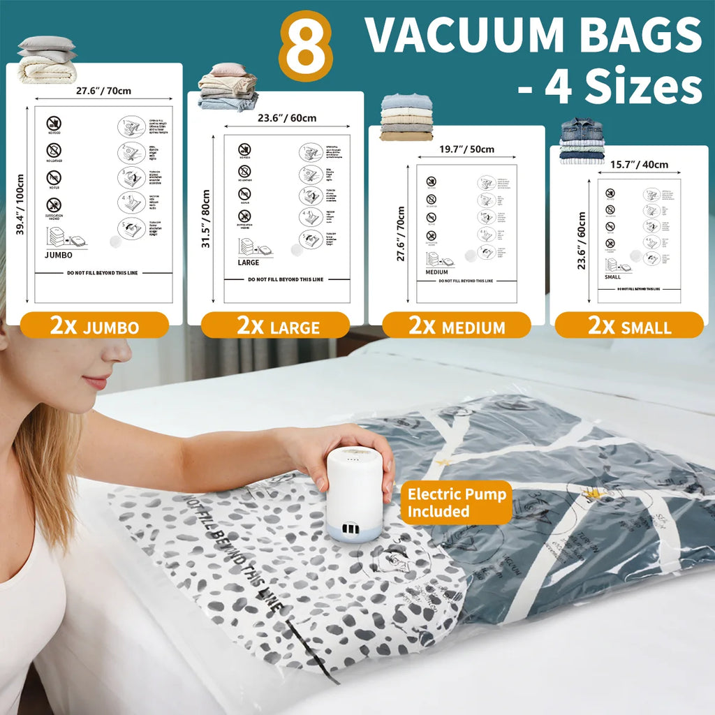 AGALI 8-Pack Vacuum Storage Bags with Electric Pump Included, Space Saver Compression Bags in Mixed Sizes for Clothes, Blankets, Bedding & Travel, Airtight, Waterproof Storage Organizer Set