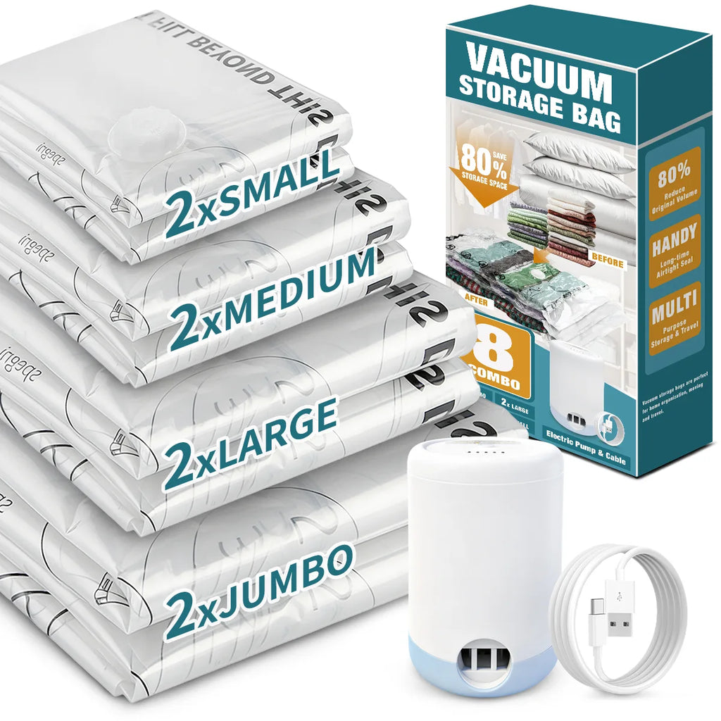 AGALI 8-Pack Vacuum Storage Bags with Electric Pump Included, Space Saver Compression Bags in Mixed Sizes for Clothes, Blankets, Bedding & Travel, Airtight, Waterproof Storage Organizer Set