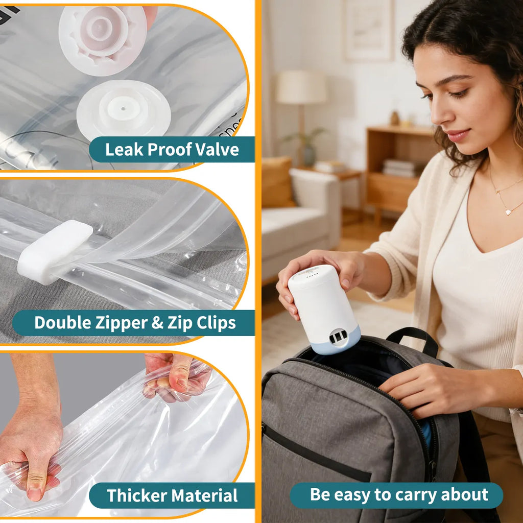 AGALI 8-Pack Vacuum Storage Bags with Electric Pump Included, Space Saver Compression Bags in Mixed Sizes for Clothes, Blankets, Bedding & Travel, Airtight, Waterproof Storage Organizer Set