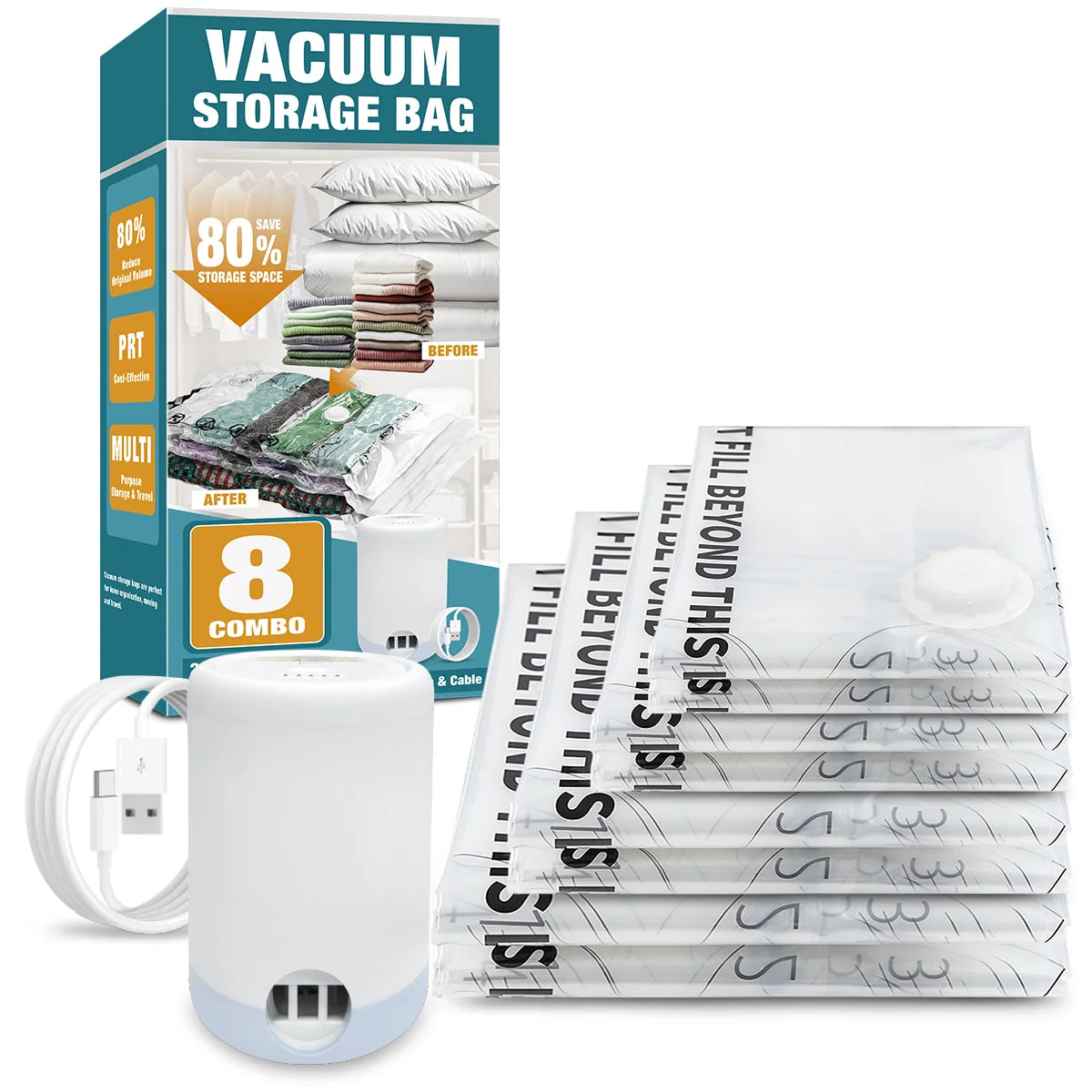 AGALI 8-Pack Vacuum Storage Bags with Electric Pump Included, Space Saver Compression Bags in Mixed Sizes for Clothes, Blankets, Bedding & Travel, Airtight, Waterproof Storage Organizer Set