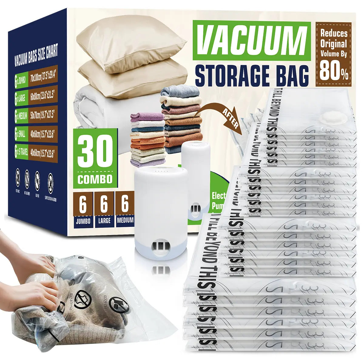 AGALI Vacuum Storage Bags with Electric Pump, 30-Pack Space Saver Seal Bags for Clothes, Bedding, Comforters & More, High-Power Wireless Pump Included, for Home & Travel