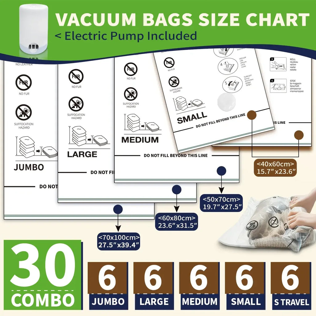 AGALI Vacuum Storage Bags with Electric Pump, 30-Pack Space Saver Seal Bags for Clothes, Bedding, Comforters & More, High-Power Wireless Pump Included, for Home & Travel