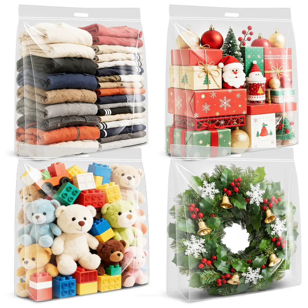 AGALI Extra Large Wreath Storage Bag – 24"x24"x7" Clear Plastic Bag with Handle, 4-Pack, Airtight Seal, Foldable Holiday Decoration Organizer for Christmas, Garland, Ornaments & Seasonal Décor