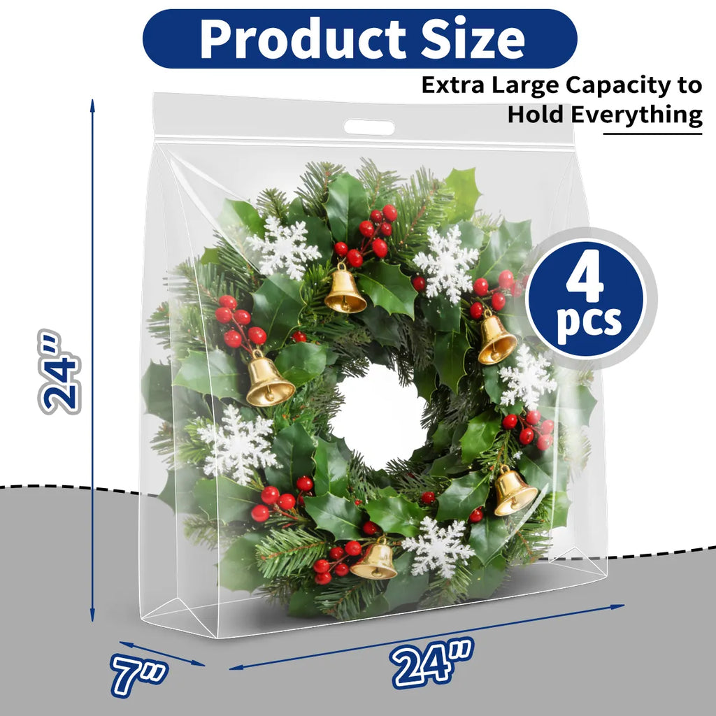 AGALI Extra Large Wreath Storage Bag – 24"x24"x7" Clear Plastic Bag with Handle, 4-Pack, Airtight Seal, Foldable Holiday Decoration Organizer for Christmas, Garland, Ornaments & Seasonal Décor