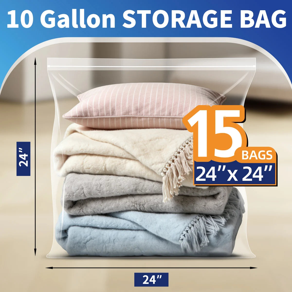 AGALI Extra Large 10 Gallon Zippered Plastic Bags for Storage- 24'' x 24'', Ideal for Clothes Clothing, Travel, Moving, 3-mil Extra Thick Clear Plastic, 15 pack