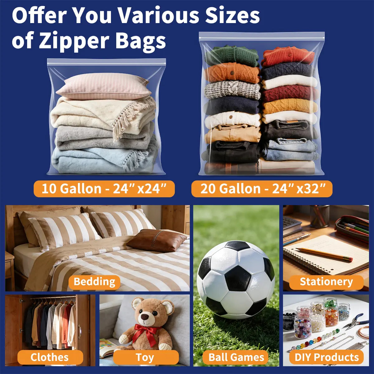 AGALI Extra Large 10 Gallon Zippered Plastic Bags for Storage- 24'' x 24'', Ideal for Clothes Clothing, Travel, Moving, 3-mil Extra Thick Clear Plastic, 15 pack