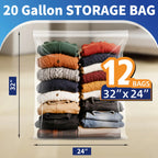 AGALI Adult Extra Large 20 Gallon Zippered Plastic Bags for Storage Closet Organizer, Clear, 12 Count, 12 Pack